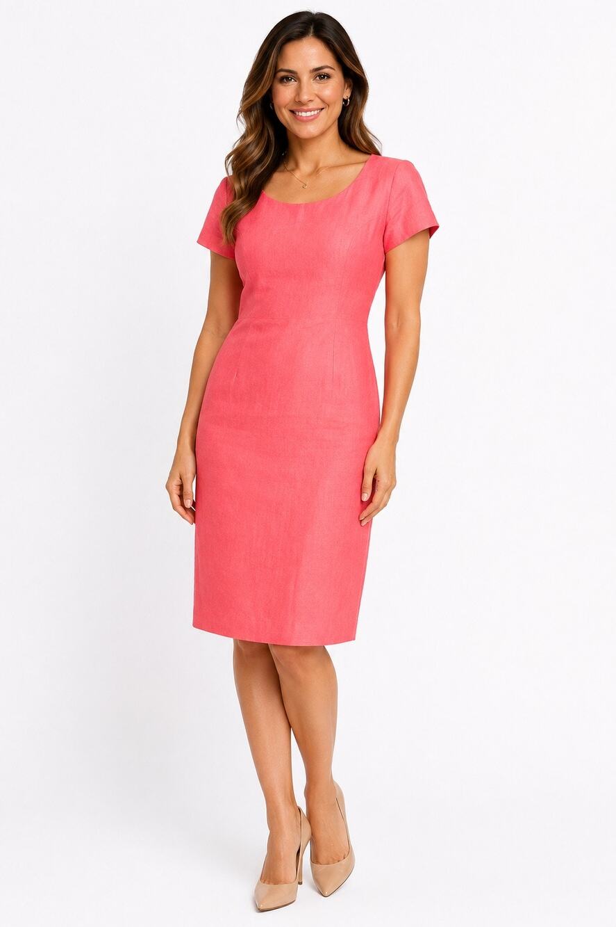 Vintage Chadwick’s Coral Pink Linen Blend Short Sleeve Sheath Dress Size 8